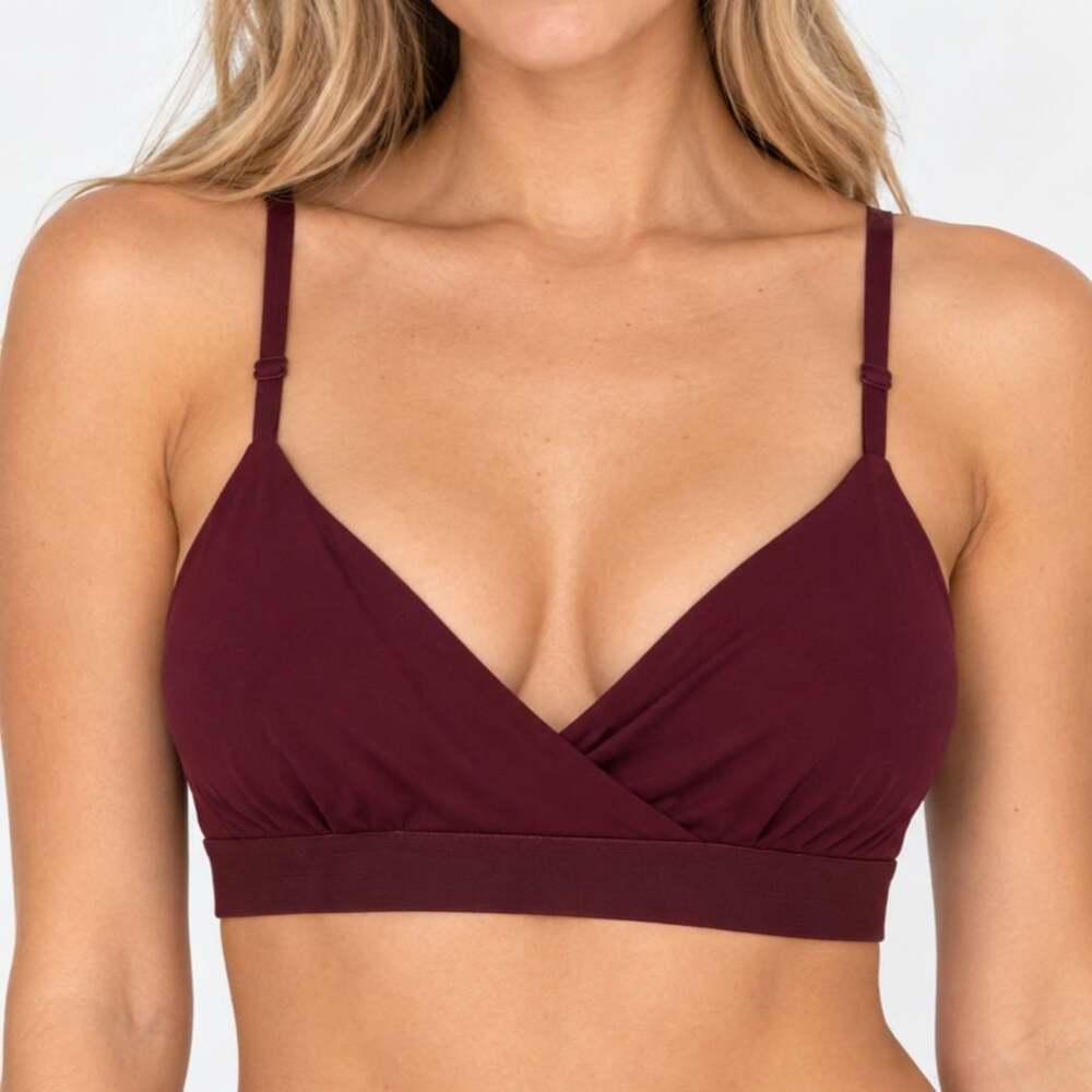 Trillium Burgundy Wrap Front Lace Back Bralette Maroon